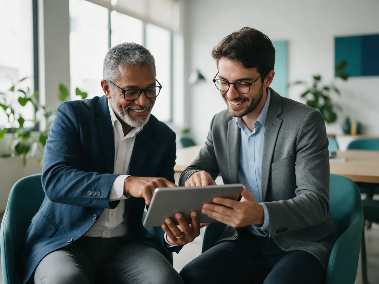 Mentor e profissional mais jovem revisando um plano de desenvolvimento num tablet