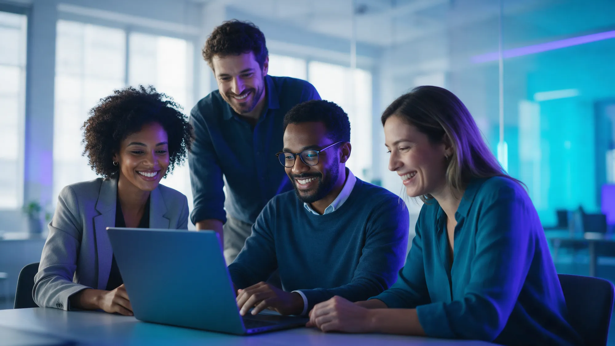 Equipe reunida em volta de um notebook, sorrindo enquanto trabalha