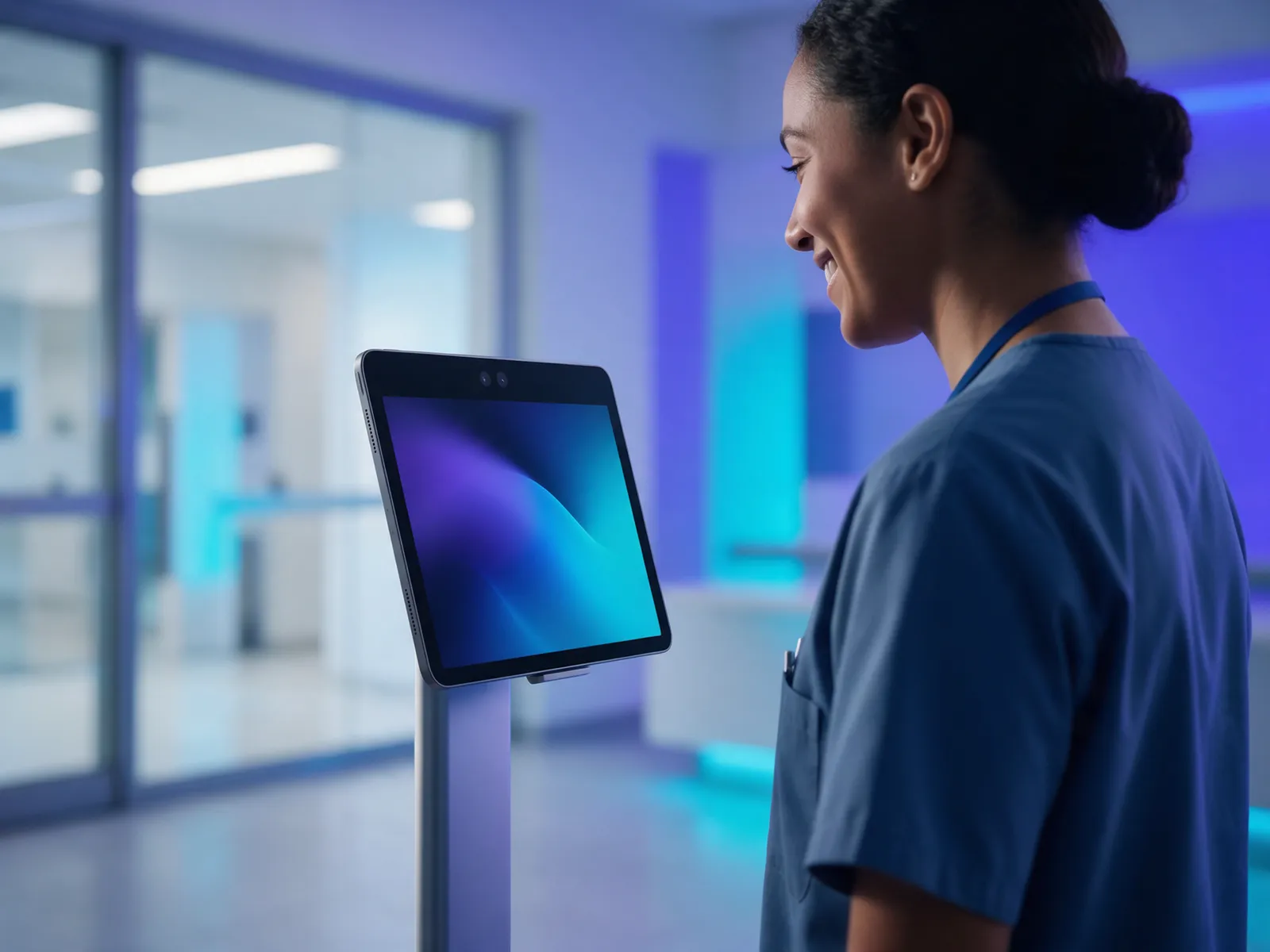Profissional de saúde batendo ponto num tablet fixo na recepção